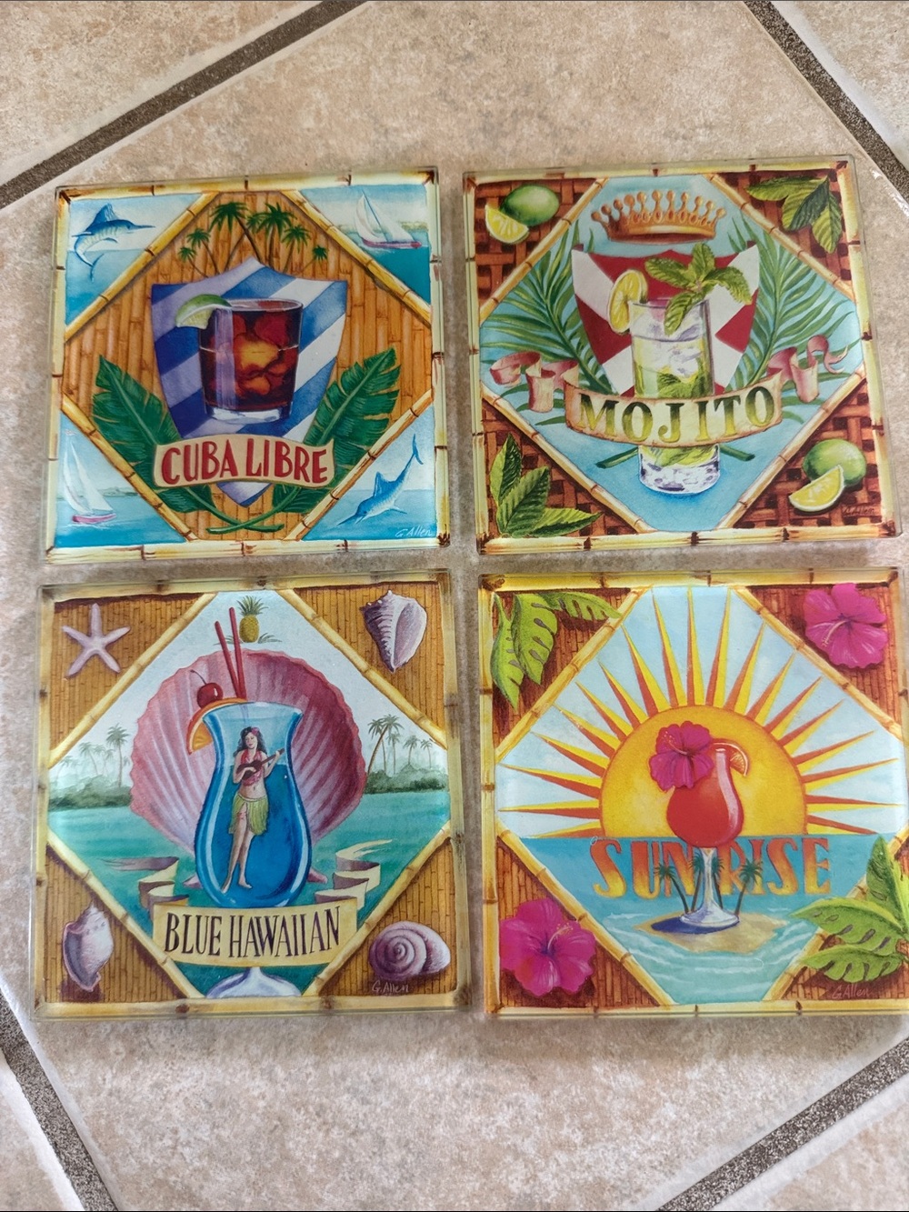 ☀️3/$15 Pier 1 Imports Glass Tropical Hawaiian Cocktail Barware Drink Coasters